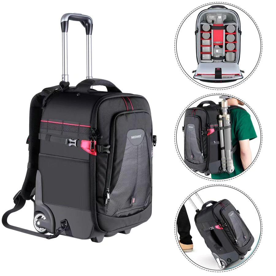 Neewer 2-in-1 Rolling Camera Backpack Trolley Case - Anti-Shock Detachable Padded Compartment, Hidden Pull Bar, Durable, Waterproof for Camera,Tripod,Flash Light,Lens,Laptop for Air Travelling(Black)
